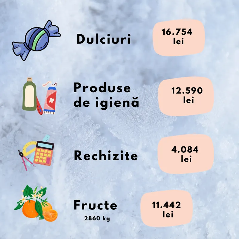 Infografic cu produsele cumpărate în 2025: dulciuri 16.754 lei, produse de igienă 12.590 lei, fructe 11.442 lei (2.860 kg) și rechizite 4.084 lei.