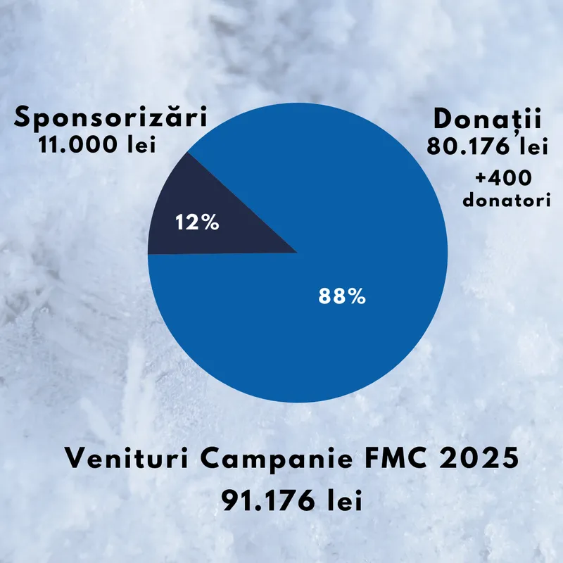 Grafic circular cu veniturile campaniei din 2025, în total 91.176 lei: donații 80.176 lei (88%), de la peste 400 de donatori, și sponsorizări 11.000 lei (12%).