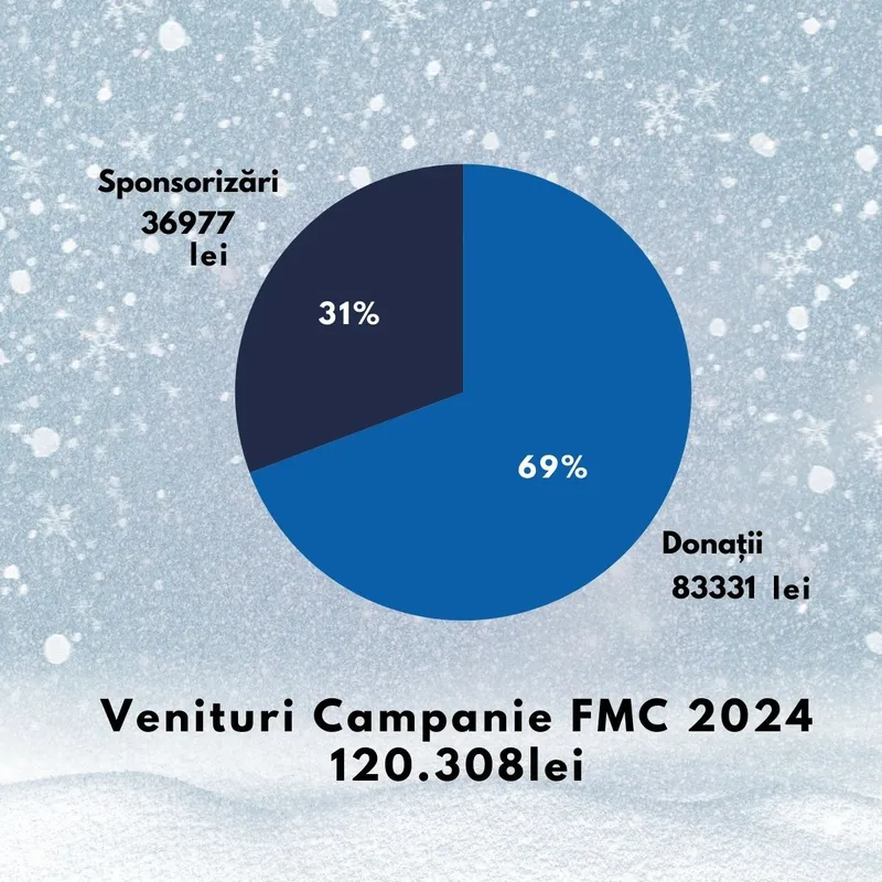Grafic circular cu veniturile campaniei din 2024, în total 120.308 lei: donații 83.331 lei (69%) și sponsorizări 36.977 lei (31%).